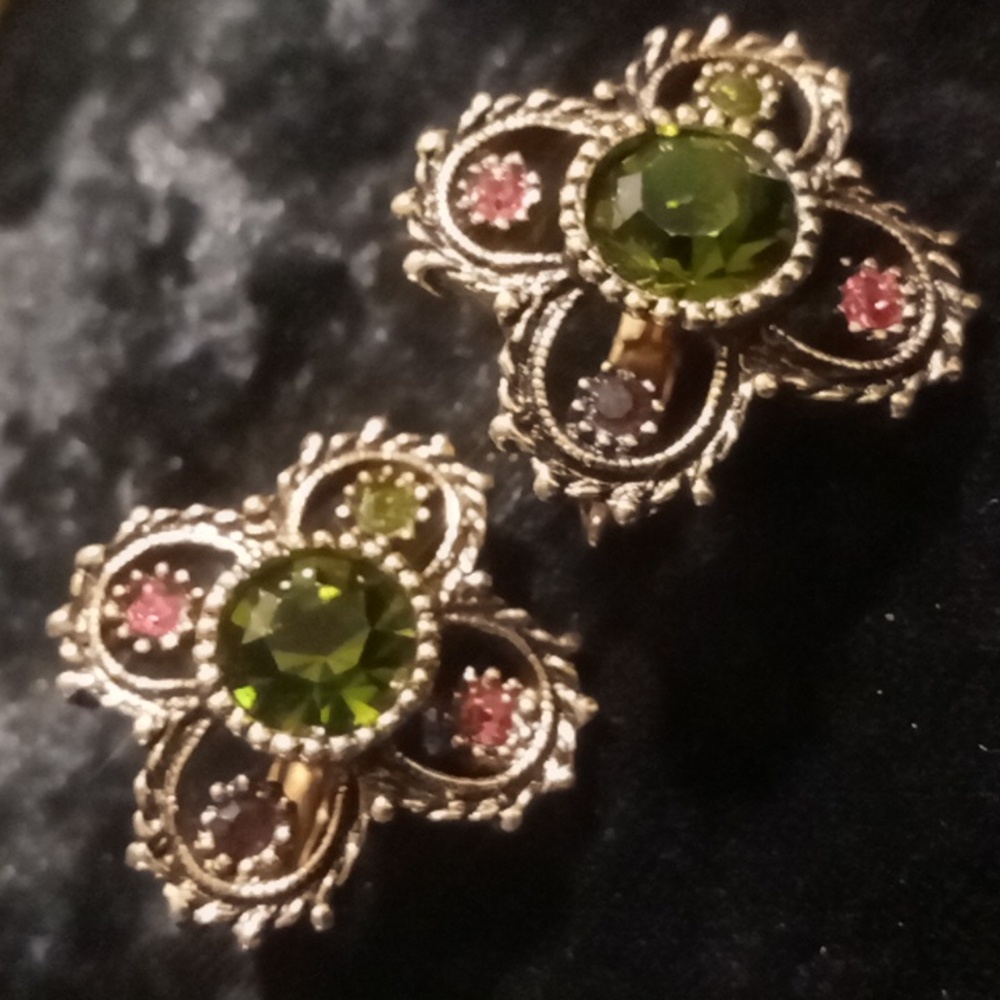 Sarah Coventry Green and Pink Gemstone Earrings.